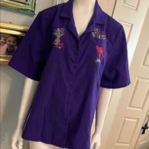 Purple Embroidered Short-Sleeve Button-Up Top Large Vintage #EE